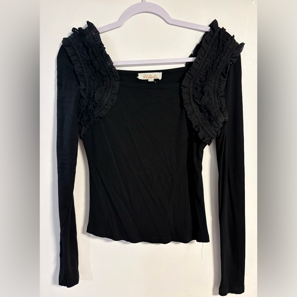 Listicle Black Ruffled Long Sleeve Top